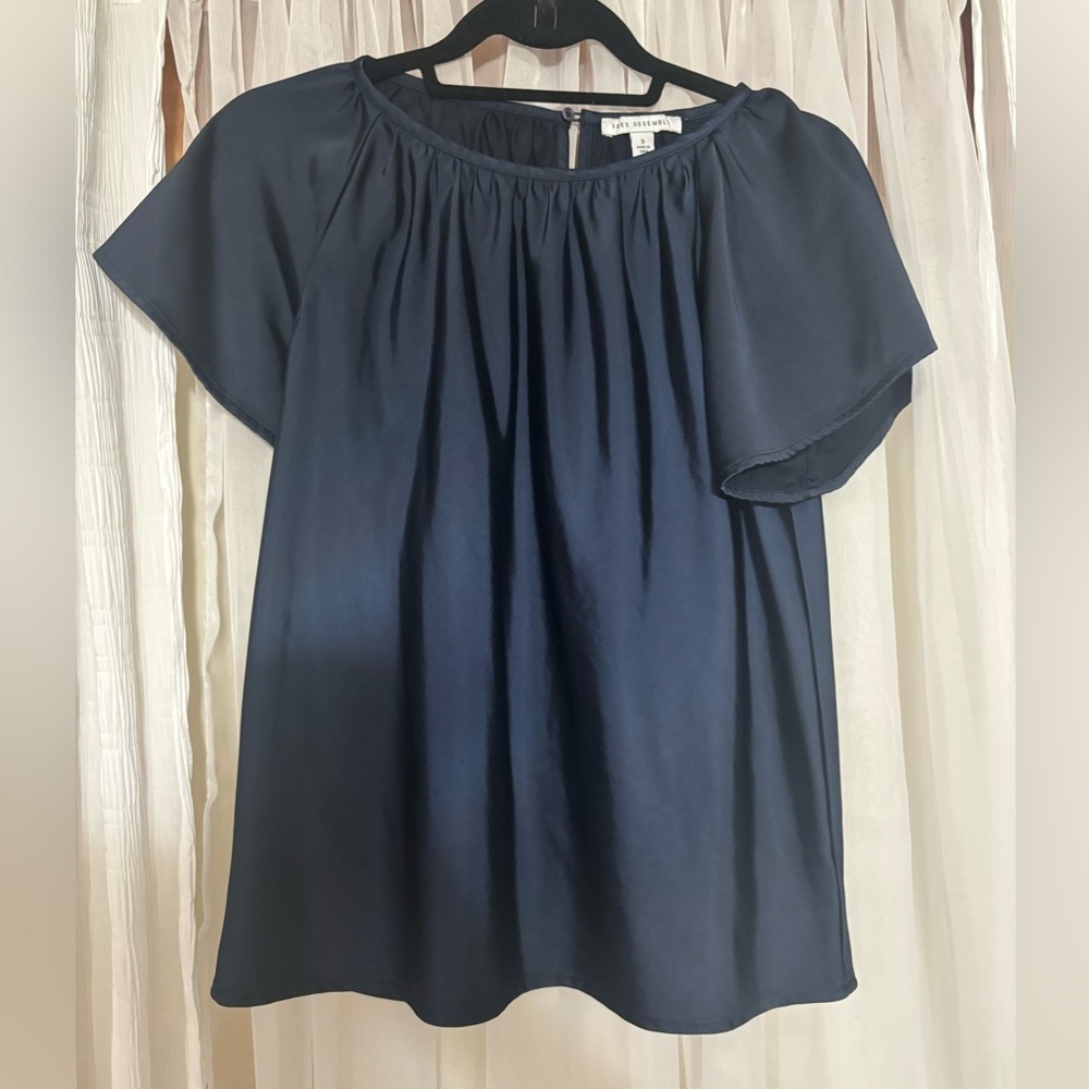 Blue Flutter Sleeve Blouse with Ruffled Neckline